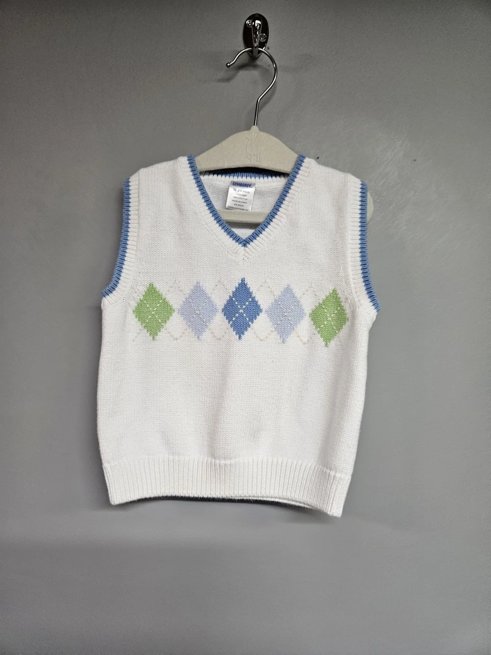 Vintage Gyboree Boys 18 Month White Argyle Knit Vest with Blue & Green Accents